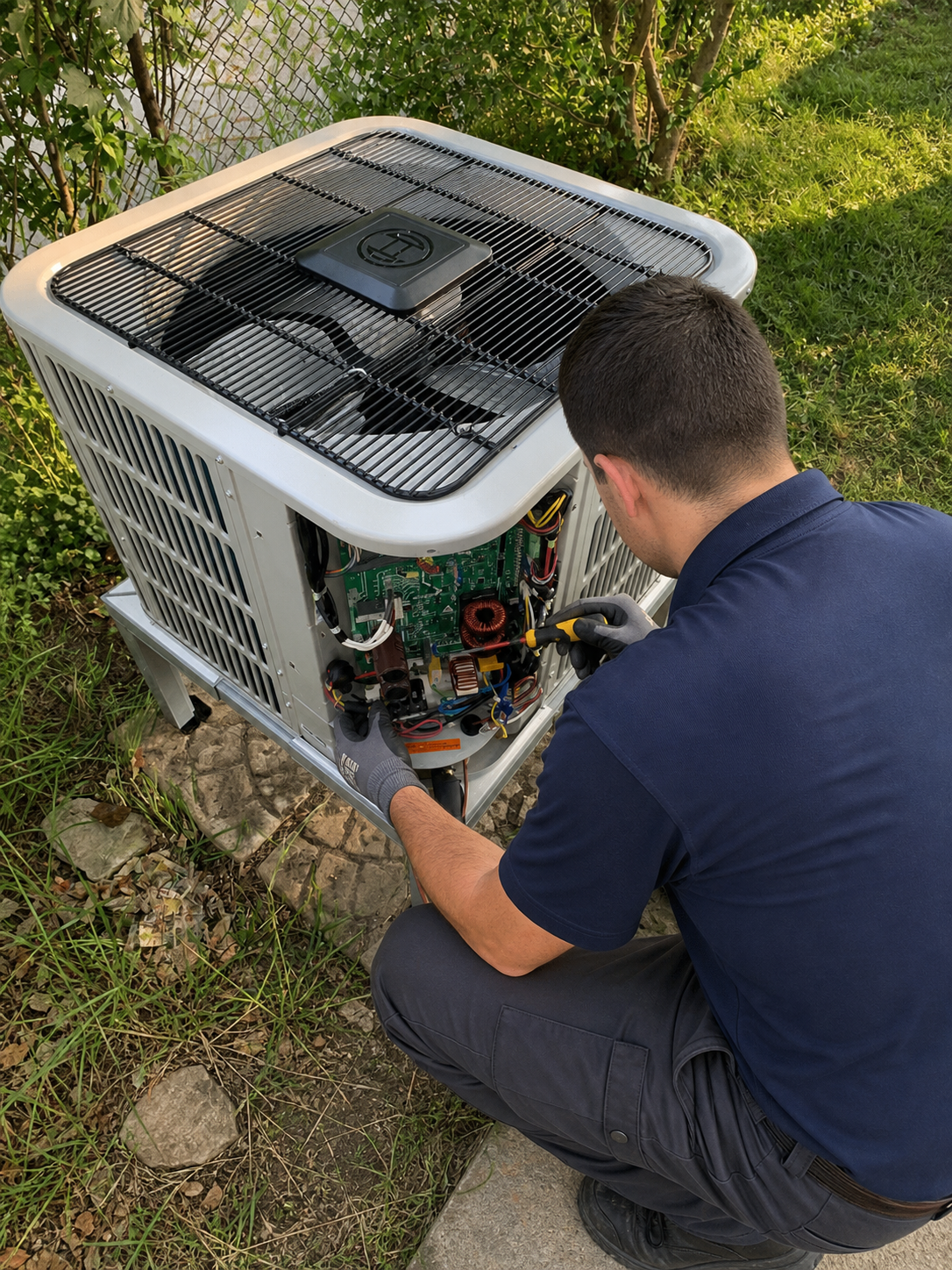 HVAC technician servicing an outdoor air conditioner