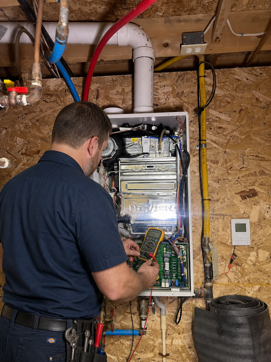 Technician testing a heating system control board